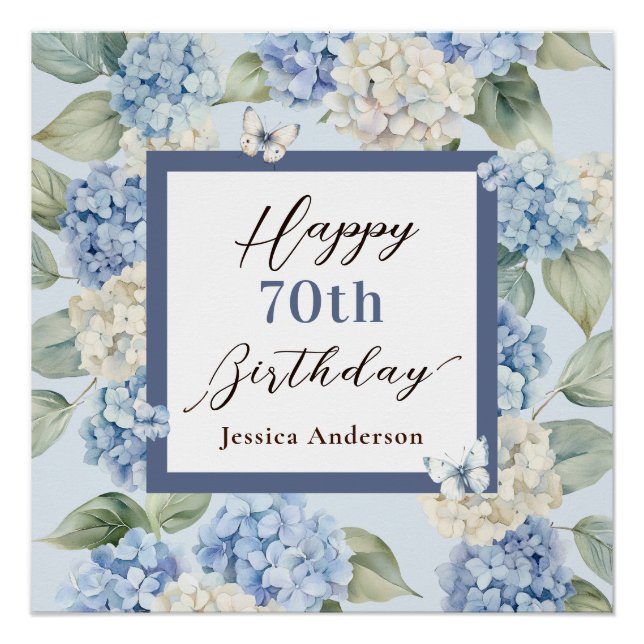 Póster Invitación de cumpleaños 70 de Hortensia Azul Acua (Anverso)