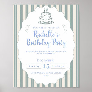 Póster Invitación de cumpleaños clásica de rayas verdes