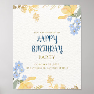 Póster Invitación de Cumpleaños Floral Acuarela Elegante