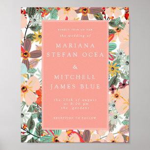 Póster Invitación de melocotón verde rosa blanda floral r