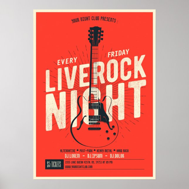 Póster Invitación Poster musical de rock nocturno en vivo (Frente)