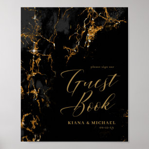 Póster Invitados del Boda del Purpurina de mármol Black G