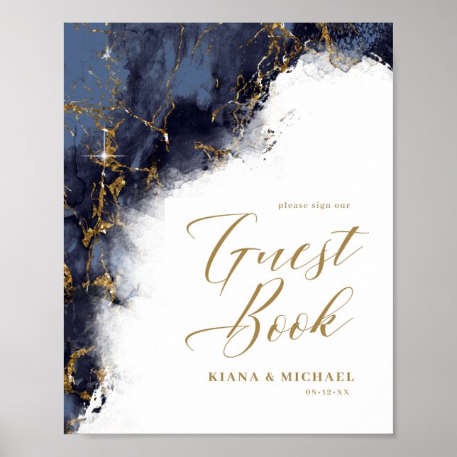 Póster Invitados del Boda del Purpurina de mármol Navy Bl (Frente)