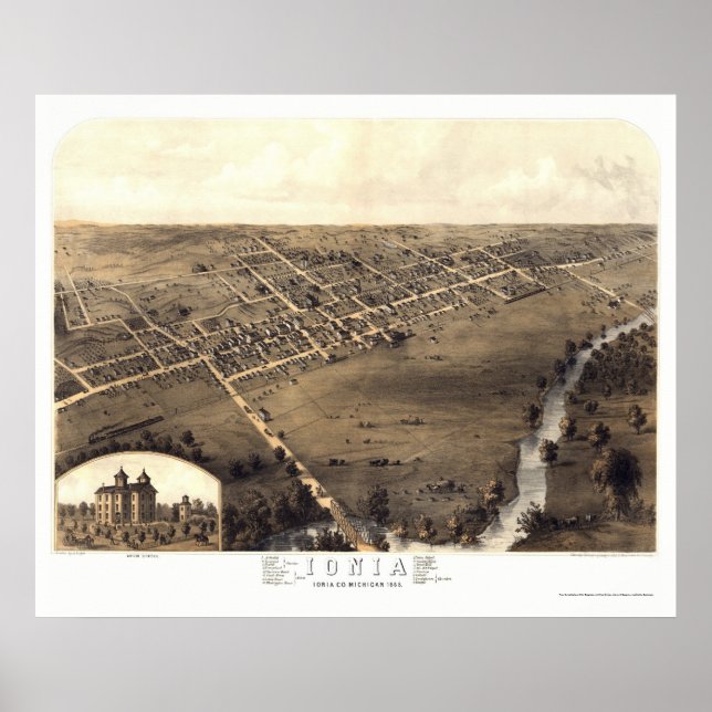 Póster Ionia, Mapa Panorámico de MI - 1868 (Frente)
