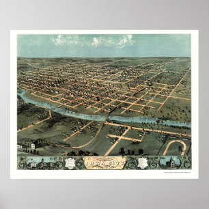 Póster Iowa City, mapa panorámico de IA - 1868