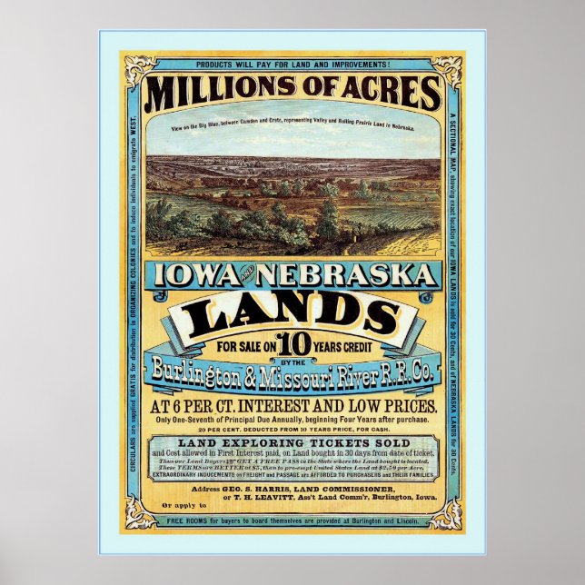 Póster Iowa y Nebraska ~ Publicidad de venta de tierras a (Frente)