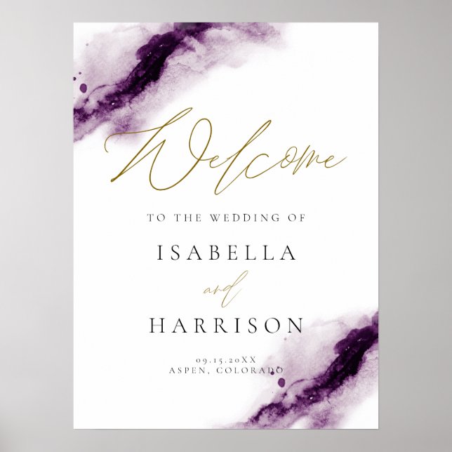 Póster IRIS | Bienvenida de oro de Pluma Púrpura Acuarela (Frente)