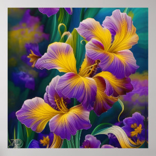 Póster Iris Floral Púrpura y hojas verdes azules de oro