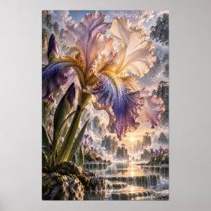 Póster Iris púrpura y crema con paisaje de cascada Wal