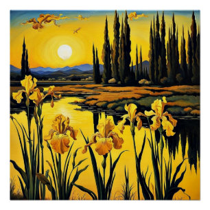 Póster Irises amarillos por un estanque