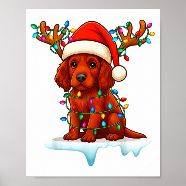 Póster Irish Setter Christmas Santa Hat Reindeer Lights P (Frente)