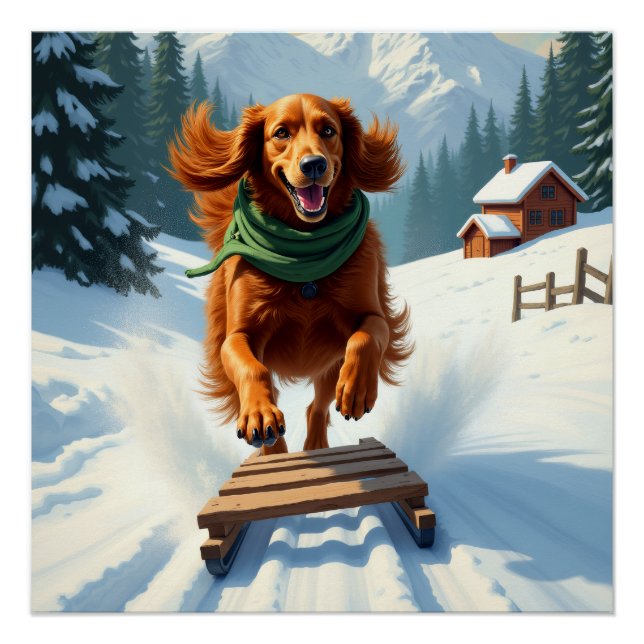 Póster Irish Setter Sledding Adventure Christmas Painting (Anverso)