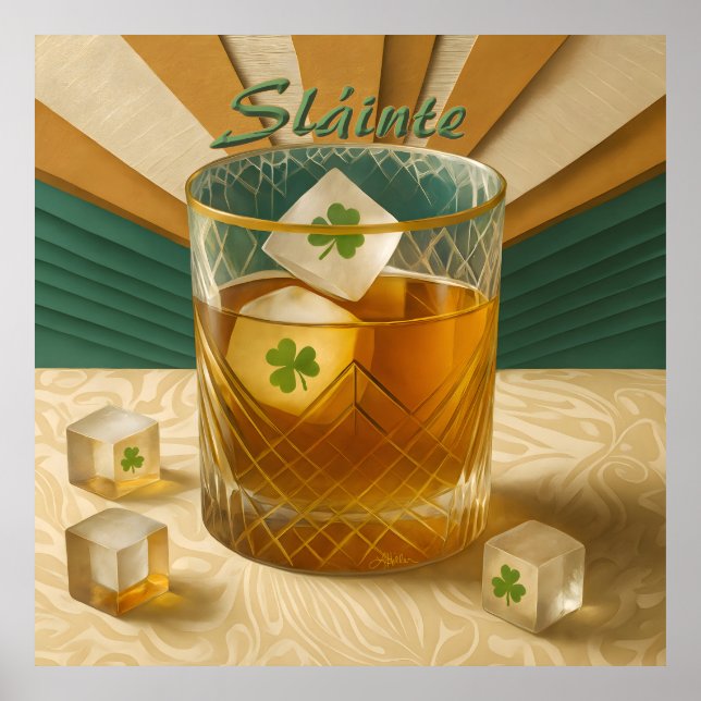 Póster Irish Whiskey Tumbler Shamrock Ice "Sláinte!" (Frente)