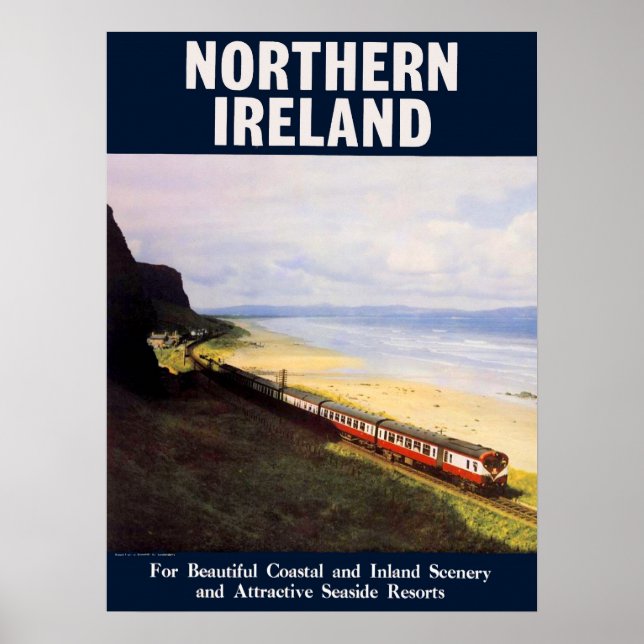 Póster Irlanda del Norte, tren ferroviario en la costa (Frente)