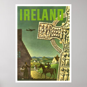 Póster Irlanda pueblo, cruz celta, viaje vintage