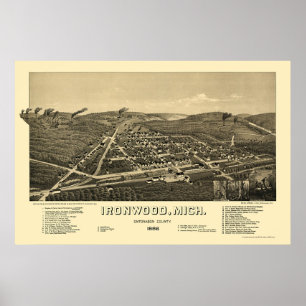 Póster Ironwood, mapa panorámico del MI - 1886