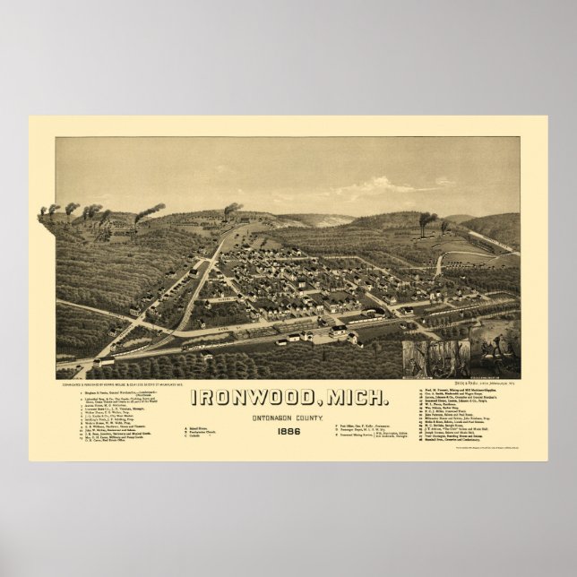 Póster Ironwood, Mapa Panorámico MI - 1886 (Frente)