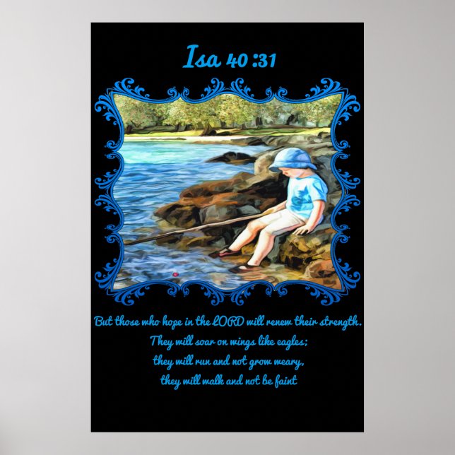 Póster Isa 40:31 Baby boy fishing in the river. (Frente)