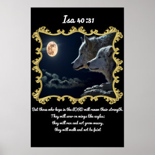 Póster Isa 40:31 Wolves looking into the full moon.