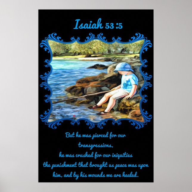 Póster Isaiah 53:5 Niño pescando en el río. (Frente)