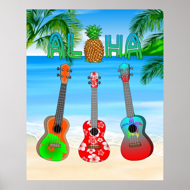 Póster Isla Aloha Ukuleles (Frente)
