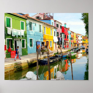 Póster Isla Burano cerca de Venecia, casas arcoiris en It