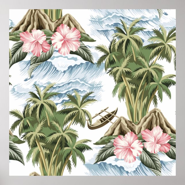 Póster Isla de cosecha hawaiana, palmera, barco, rosa (Frente)