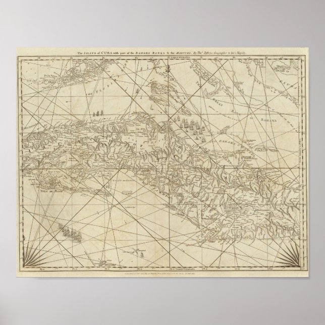 Póster Isla de Cuba con parte de los bancos bahama (Frente)