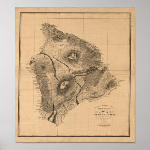 Póster Isla de Hawaii, 1886, mapa hawaiano del vintage