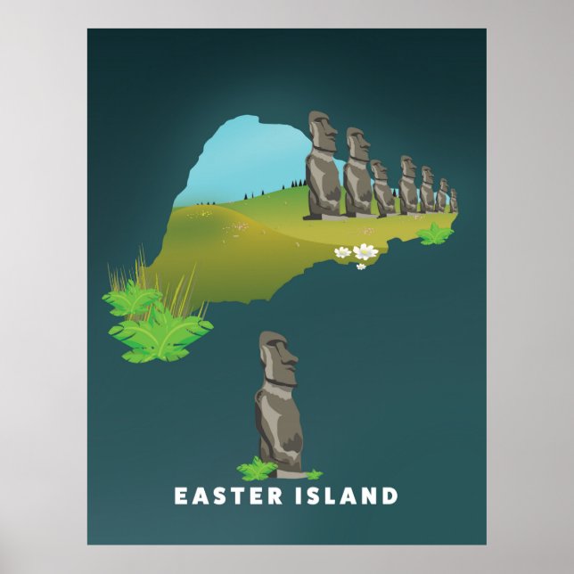 Póster Isla de Pascua Ilustrado Mapa ilustrado de la impr (Frente)