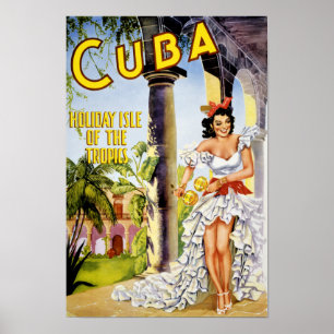 Póster Isla de vacaciones de Cuba, afiche de la época tro