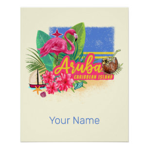 Póster Isla del Caribe Retro de Aruba con Vintage Flaming