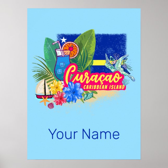Póster Isla del Caribe retro de Curacao con cosecha de to (Frente)