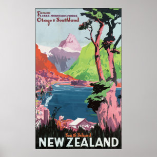 Póster Isla del sur Nueva Zelandia, VI de Flords Otago