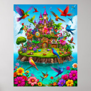 Póster Isla Fantástica con Aves Coloridas