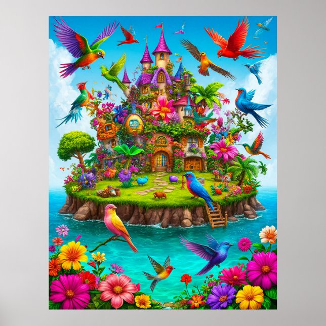 Póster Isla Fantástica con Aves Coloridas (Frente)