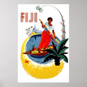 Póster Isla Fiyi, hombre en un pequeño bote