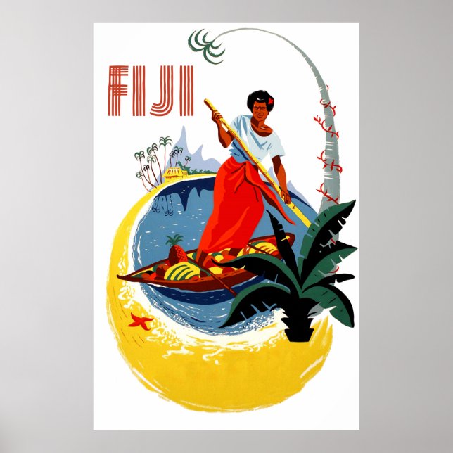 Póster Isla Fiyi, hombre en un pequeño bote (Frente)