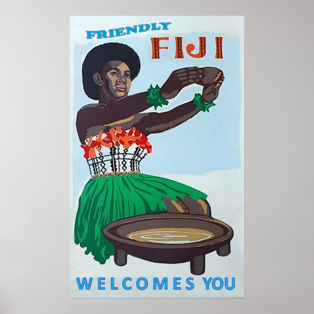 Póster Isla Fiyi, mujer nativa con la bienvenida tradicio (Frente)