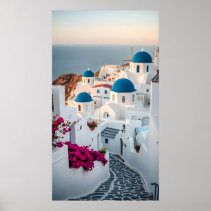 Póster Isla griega de cúpula azul encalada de Santorini