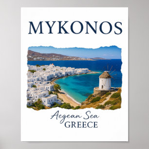 Póster Isla griega Mykonos vacaciones viajes vida costera