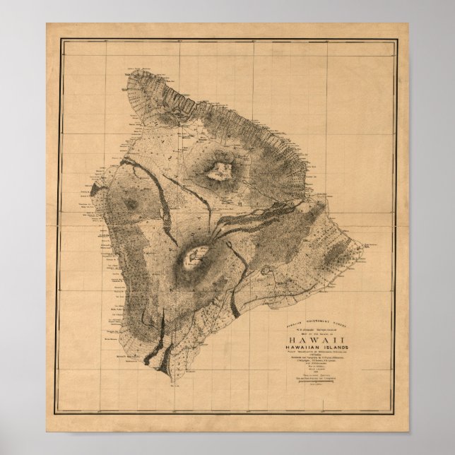 Póster Isla Hawaii, 1886, Mapa hawaiano vintage (Frente)
