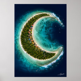 Póster Isla Luna Creciente con vista satelital de surfist