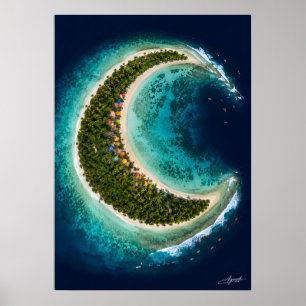 Póster Isla Luna Creciente con vista satelital de surfist
