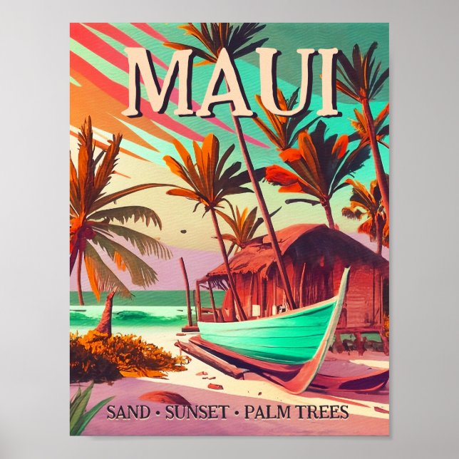 Póster Isla Maui, Hawái, palmera tropical de puesta de so (Frente)