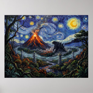 Póster Isla Monstruo Noche Estrellada Paisaje Kaiju