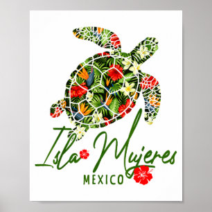 Póster Isla Mujeres México Tortuga Marina Hibisco Tropica