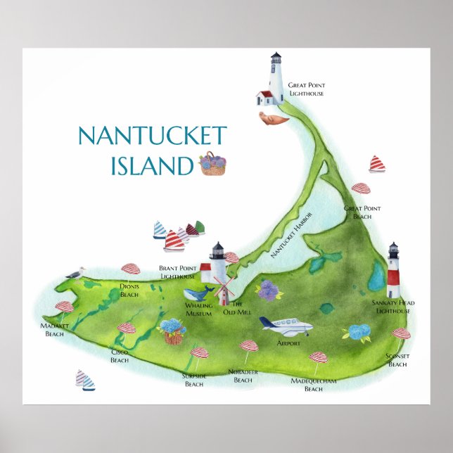 Póster Isla Nantucket pintada a mano (Frente)