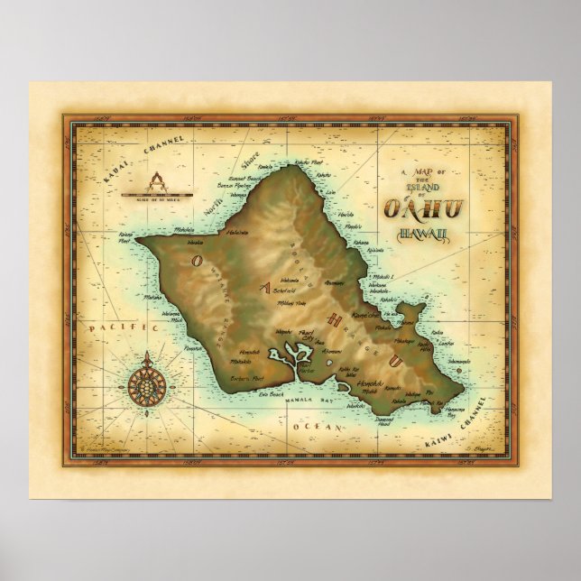 Póster Isla Oahu de Hawái (Frente)