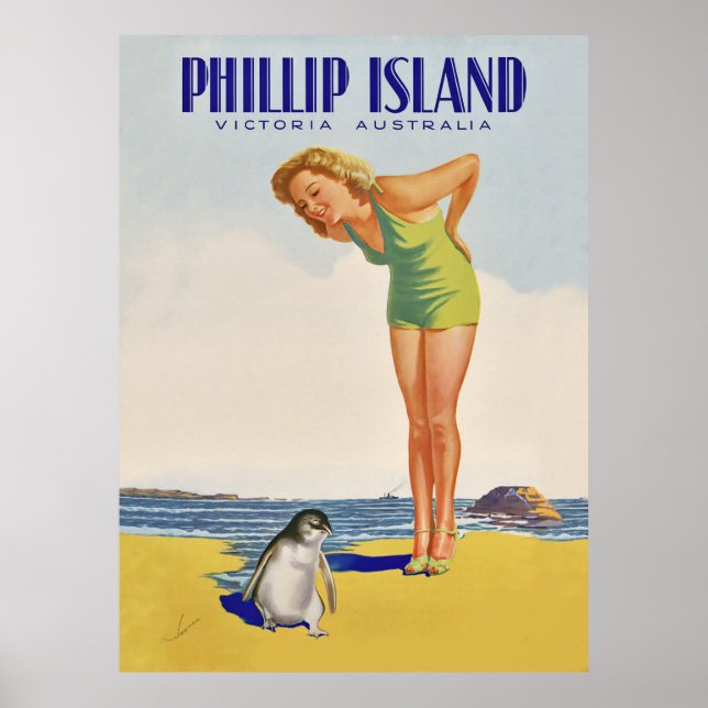 Póster Isla Philip, Australia, chica con pingüino (Frente)